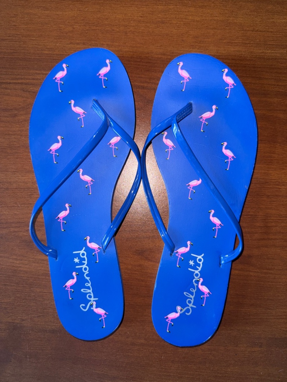 Splendid Blue Flip Flops with Pink Flamingo Motif -size 10. NWOT